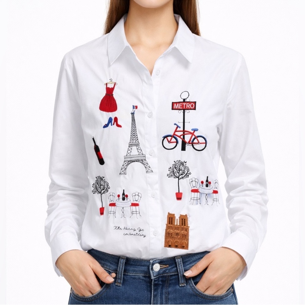 Embroidery Paris Cotton Button Down Top - Picture 1 of 7